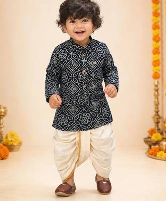 Boy's navy blue rayon bandhni thigh length kurta and dhoti set 3