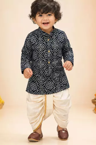 Boy's navy blue rayon bandhni thigh length kurta and dhoti set