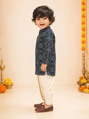 Boy's navy blue rayon bandhni thigh length kurta and dhoti set 4