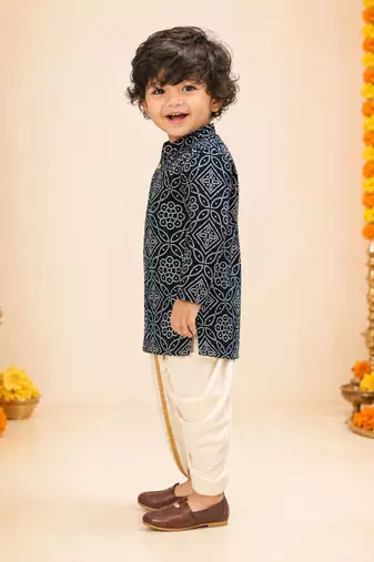 Boy's navy blue rayon bandhni thigh length kurta and dhoti set