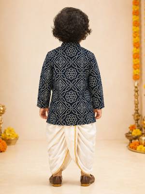 Boy's navy blue rayon bandhni thigh length kurta and dhoti set 5