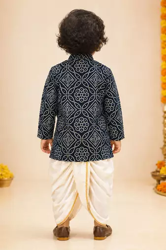 Boy's navy blue rayon bandhni thigh length kurta and dhoti set