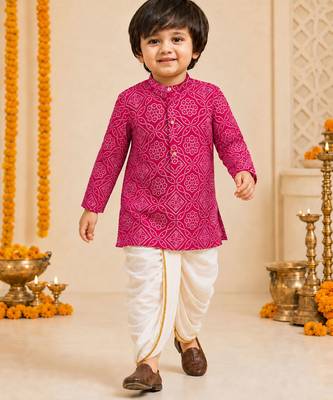 Boy's fuchsia rayon bandhni thigh length kurta and dhoti set 1
