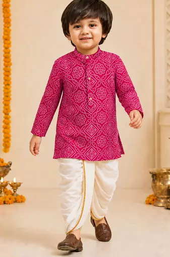 Boy's fuchsia rayon bandhni thigh length kurta and dhoti set
