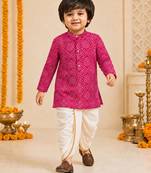 Boy's fuchsia rayon bandhni thigh length kurta and dhoti set