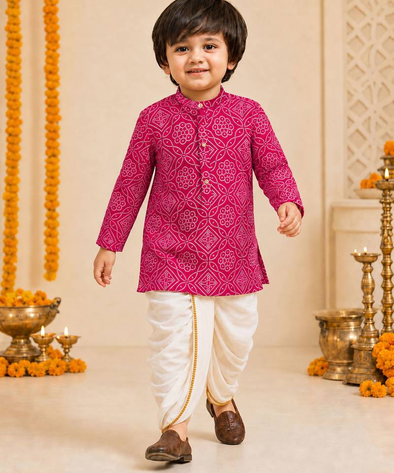Boy's fuchsia rayon bandhni thigh length kurta and dhoti set