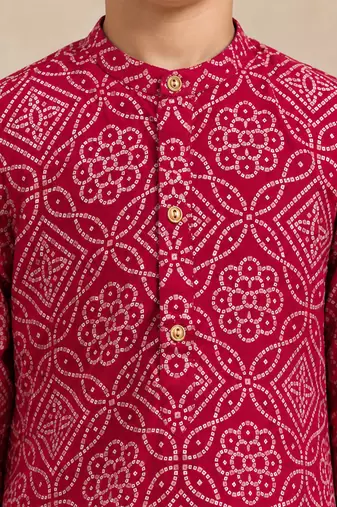 Boy's fuchsia rayon bandhni thigh length kurta and dhoti set