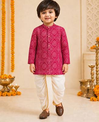 Boy's fuchsia rayon bandhni thigh length kurta and dhoti set 3