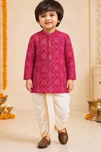 Boy's fuchsia rayon bandhni thigh length kurta and dhoti set