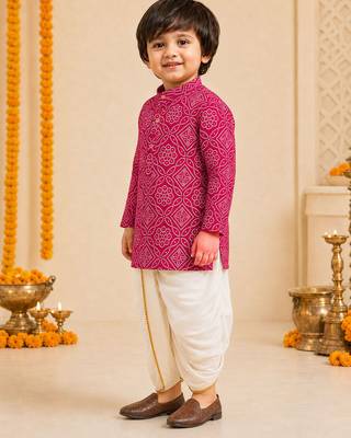 Boy's fuchsia rayon bandhni thigh length kurta and dhoti set 4