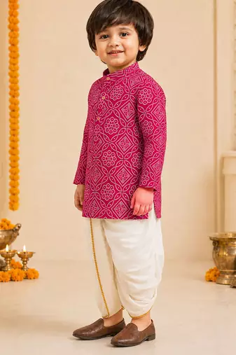 Boy's fuchsia rayon bandhni thigh length kurta and dhoti set