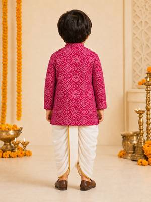 Boy's fuchsia rayon bandhni thigh length kurta and dhoti set 5