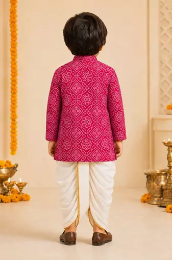 Boy's fuchsia rayon bandhni thigh length kurta and dhoti set