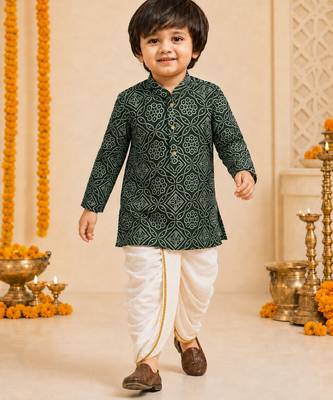 Boy's dark green rayon bandhni thigh length kurta and dhoti set 1