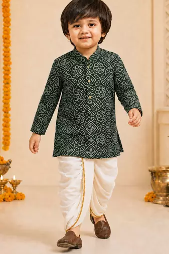Boy's dark green rayon bandhni thigh length kurta and dhoti set