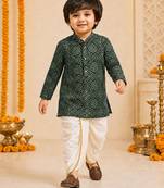 Boy's dark green rayon bandhni thigh length kurta and dhoti set
