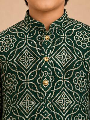 Boy's dark green rayon bandhni thigh length kurta and dhoti set 2