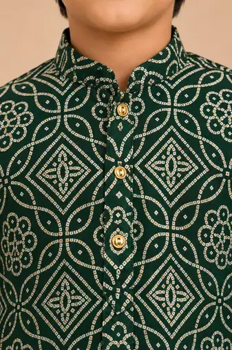 Boy's dark green rayon bandhni thigh length kurta and dhoti set