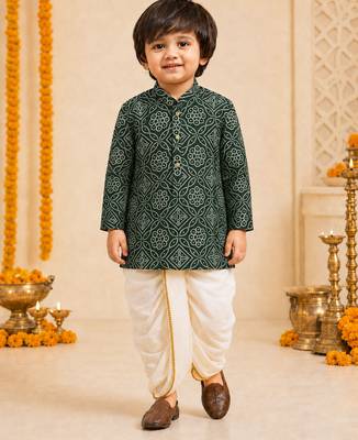 Boy's dark green rayon bandhni thigh length kurta and dhoti set 3