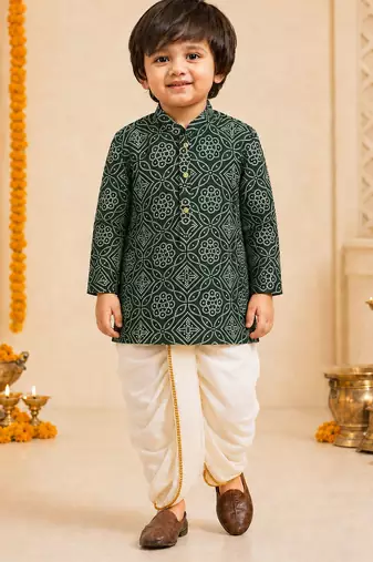 Boy's dark green rayon bandhni thigh length kurta and dhoti set