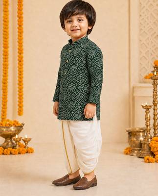 Boy's dark green rayon bandhni thigh length kurta and dhoti set 4