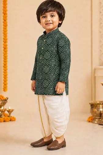 Boy's dark green rayon bandhni thigh length kurta and dhoti set