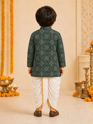 Boy's dark green rayon bandhni thigh length kurta and dhoti set 5