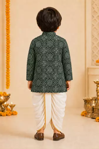 Boy's dark green rayon bandhni thigh length kurta and dhoti set