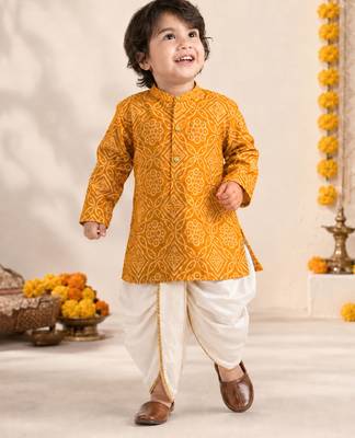 Boy's mustard rayon bandhni thigh length kurta and dhoti set 1
