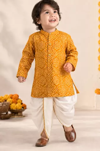 Boy's mustard rayon bandhni thigh length kurta and dhoti set