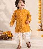 Boy's mustard rayon bandhni thigh length kurta and dhoti set