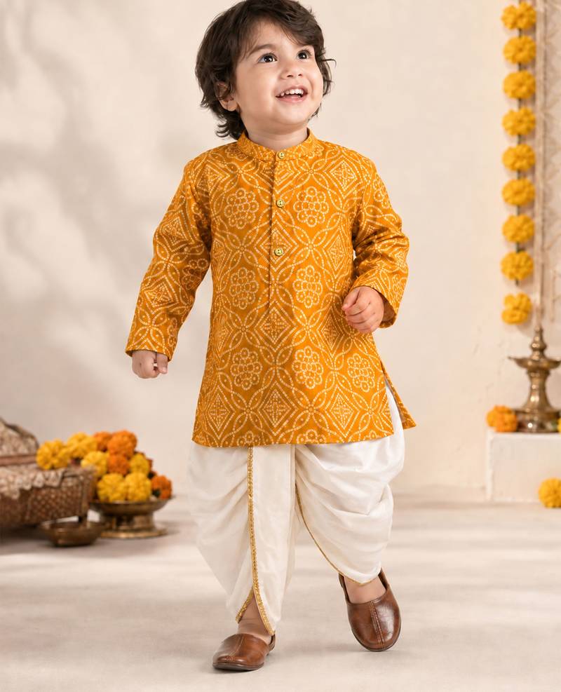 Boy's mustard rayon bandhni thigh length kurta and dhoti set
