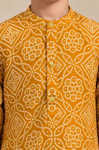 Boy's mustard rayon bandhni thigh length kurta and dhoti set