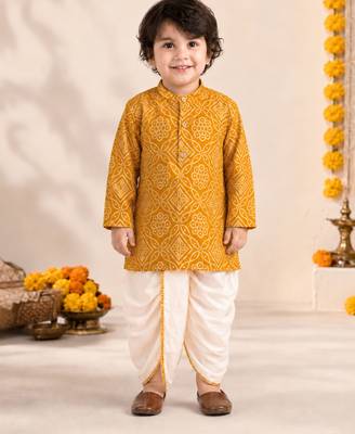 Boy's mustard rayon bandhni thigh length kurta and dhoti set 3