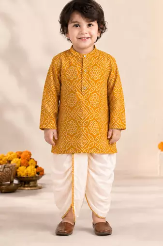 Boy's mustard rayon bandhni thigh length kurta and dhoti set