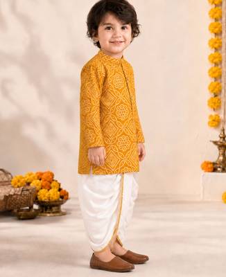 Boy's mustard rayon bandhni thigh length kurta and dhoti set 4