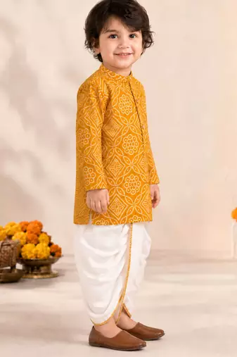 Boy's mustard rayon bandhni thigh length kurta and dhoti set
