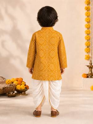 Boy's mustard rayon bandhni thigh length kurta and dhoti set 5
