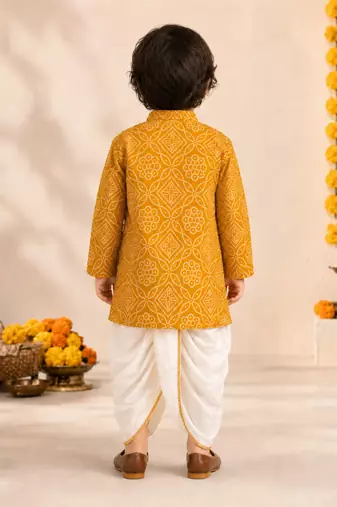 Boy's mustard rayon bandhni thigh length kurta and dhoti set