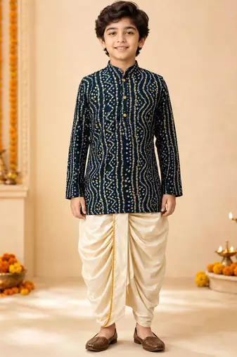 Boy's blue rayon bandhni thigh length kurta and dhoti set