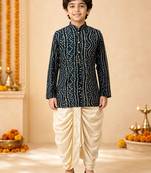 Boy's blue rayon bandhni thigh length kurta and dhoti set