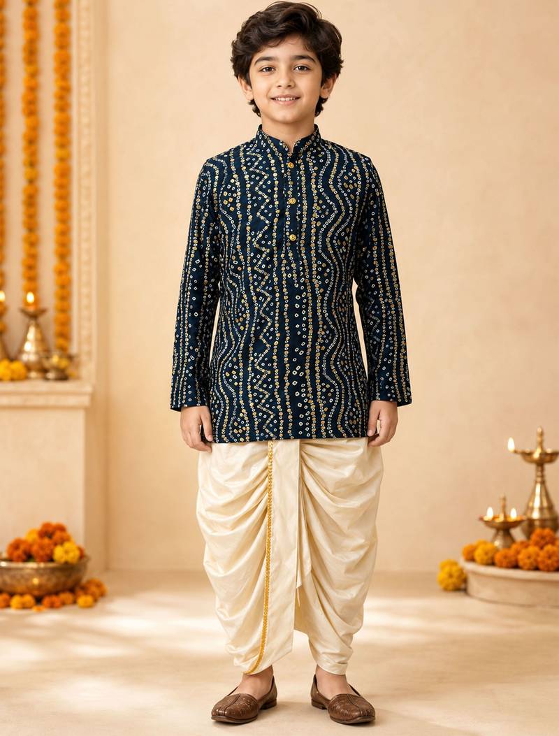 Boy's blue rayon bandhni thigh length kurta and dhoti set
