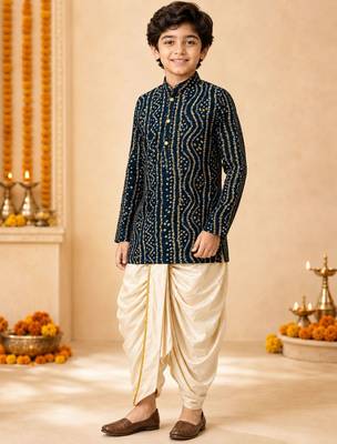 Boy's blue rayon bandhni thigh length kurta and dhoti set 2