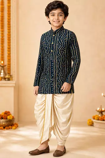 Boy's blue rayon bandhni thigh length kurta and dhoti set