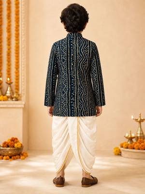 Boy's blue rayon bandhni thigh length kurta and dhoti set 3