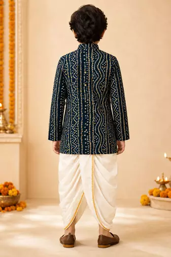Boy's blue rayon bandhni thigh length kurta and dhoti set
