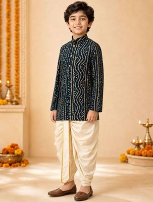 Boy's blue rayon bandhni thigh length kurta and dhoti set 5