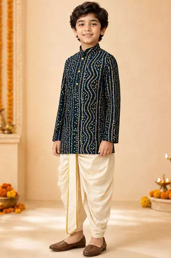 Boy's blue rayon bandhni thigh length kurta and dhoti set