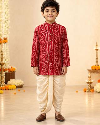 Boy's red rayon bandhni thigh length kurta and dhoti set 1