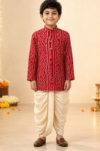 Boy's red rayon bandhni thigh length kurta and dhoti set
